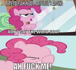 Size: 641x590 | Tagged: safe, artist:theinvertedshadow, derpibooru import, edit, edited screencap, editor:undeadponysoldier, screencap, pinkie pie, earth pony, pony, elements of insanity, don't say soap, eyes closed, facehoof, facepalm, fuck me, hoof on chest, implied rarifruit, meme, open mouth, ponyville express, reference, reflection, reminder, serious, serious face, train, vulgar, window, wrong aspect ratio