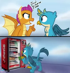 Size: 1924x2000 | Tagged: safe, artist:rainbow eevee, derpibooru import, gallus, smolder, dragon, gryphon, atg 2019, beak, cash, cloud, cloudy, coca-cola, comic, cute, dialogue, dollar, dollar sign, dragoness, drink, duo, female, gallabetes, gallus is not amused, irl, male, money, newbie artist training grounds, open mouth, photo, pointing, regular show, simple background, smolderbetes, soda, spread wings, talking, unamused, vending machine, wings
