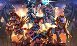 Size: 2300x1400 | Tagged: safe, artist:nancy-05, derpibooru import, flash magnus, meadowbrook, mistmane, rockhoof, somnambula, star swirl the bearded, earth pony, pegasus, pony, unicorn, armor, clothes, female, hearthstone, male, mare, netitus, pillars of equestria, rockhoof's shovel, shield, shovel, stallion, statue, warcraft