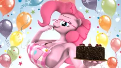 Size: 1920x1080 | Tagged: suggestive, artist:unnero1, derpibooru import, pinkie pie, anthro, 3d, apron, armpits, bedroom eyes, big breasts, braless, breasts, busty pinkie pie, cake, chocolate, clothes, food, glasses, huge breasts, licking, licking fingers, looking at you, naked apron, solo, tongue out