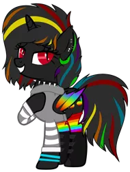Size: 1730x2271 | Tagged: safe, artist:celestial-rue0w0, artist:pegasski, derpibooru import, oc, oc:night rainbow, unofficial characters only, alicorn, bat pony, bat pony alicorn, pony, alicorn oc, base used, bat pony oc, bat wings, boots, choker, clothes, commission, ear piercing, earring, eyebrow piercing, female, hoodie, horn, jewelry, mare, multicolored hair, piercing, rainbow hair, rainbow socks, raised hoof, red eyes, shoes, simple background, slit eyes, socks, solo, spiked choker, striped socks, transparent background, wing piercing, wings, wristband