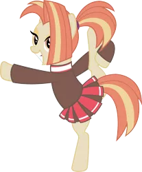 Size: 3261x3934 | Tagged: safe, artist:surprisepi, derpibooru import, shimmy shake, earth pony, pony, 2 4 6 greaaat, cheerleader, clothes, cute, female, flexible, high res, lidded eyes, mare, pleated skirt, ponytail, raised hoof, raised leg, shakeabetes, simple background, skirt, smiling, solo, sweater, transparent background, vector