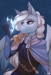 Size: 1400x2050 | Tagged: alicorn, alicorn oc, anthro, anthro oc, artist:varllai, clothes, commission, derpibooru import, eyeshadow, female, horn, makeup, mare, oc, oc:permafrost, safe, signature, smiling, solo, unofficial characters only, wings