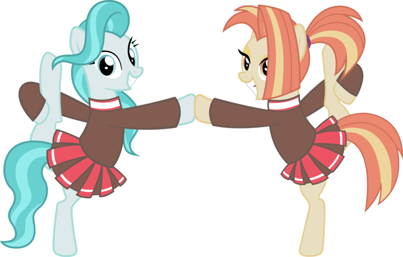 Size: 6282x4008 | Tagged: safe, artist:surprisepi, derpibooru import, lighthoof, shimmy shake, earth pony, pony, 2 4 6 greaaat, absurd resolution, bipedal, cheerleader, clothes, cute, duo, female, flexible, grin, lightorable, mare, raised hoof, raised leg, shakeabetes, simple background, smiling, transparent background, vector
