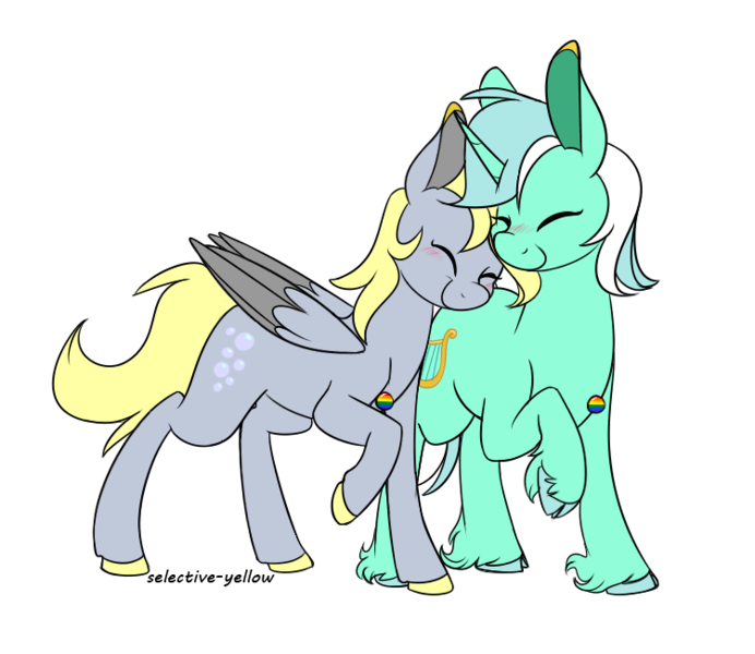 Size: 750x650 | Tagged: safe, artist:lesbian-sunshim, artist:selective-yellow, derpibooru import, derpy hooves, ditzy doo, lyra heartstrings, pegasus, pony, unicorn, female, lesbian, lyraderp, nuzzling, shipping, simple background, transparent background, unshorn fetlocks, wings