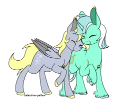 Size: 750x650 | Tagged: safe, artist:lesbian-sunshim, artist:selective-yellow, derpibooru import, derpy hooves, ditzy doo, lyra heartstrings, pegasus, pony, unicorn, female, lesbian, lyraderp, nuzzling, shipping, simple background, transparent background, unshorn fetlocks, wings