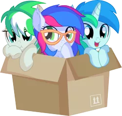 Size: 7312x6969 | Tagged: safe, artist:cyanlightning, derpibooru import, oc, oc:azure lightning, oc:cyan lightning, oc:emerald lightning, pegasus, pony, unicorn, .svg available, absurd resolution, blushing, box, brother and sister, clothes, colt, cute, ear fluff, female, filly, glasses, lidded eyes, male, ocbetes, open mouth, pony in a box, scarf, siblings, simple background, smiling, transparent background, trio, vector