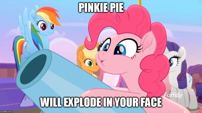 Size: 888x499 | Tagged: safe, derpibooru import, edit, edited screencap, screencap, applejack, pinkie pie, rainbow dash, rarity, earth pony, pegasus, pony, unicorn, rainbow roadtrip, caption, cloud, discovery family logo, female, hot air balloon, image macro, implied explosion, joke, mare, meme, party cannon, text