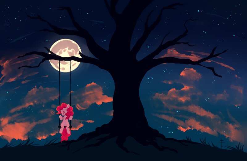 Size: 2048x1336 | Tagged: safe, artist:mirtash, derpibooru import, pinkie pie, earth pony, pony, cloud, eyes closed, female, full moon, mare, moon, night, rcf community, scenery, sitting, sky, smiling, solo, stars, swing, tree