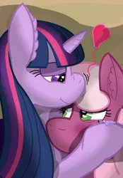 Size: 1004x1440 | Tagged: safe, artist:not_texmex, derpibooru import, cheerilee, twilight sparkle, pony, cheerilight, close-up, comforting, ear fluff, female, heart, hug, lesbian, love, nuzzling, scrunchy face, shipping, simple background, teary eyes