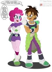 Size: 900x1257 | Tagged: safe, artist:niban-destikim, derpibooru import, pinkie pie, oc, oc:copper plume, equestria girls, alternate hairstyle, broly, canon x oc, cheelai, clothes, commission, commissioner:imperfectxiii, cosplay, costume, crossed arms, dragon ball super, dragon ball super: broly, female, freckles, glasses, hand on hip, male, scouter, simple background, straight, transparent background