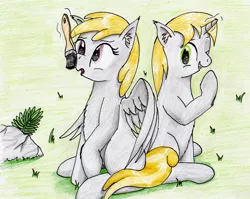Size: 2780x2215 | Tagged: safe, artist:40kponyguy, derpibooru import, chirpy hooves, dipsy hooves, pegasus, pony, unicorn, boop, brother and sister, colt, cross-eyed, ear fluff, female, filly, glowing horn, grass, horn, magic, male, one eye closed, paintbrush, requested art, siblings, spread wings, telekinesis, traditional art, wings
