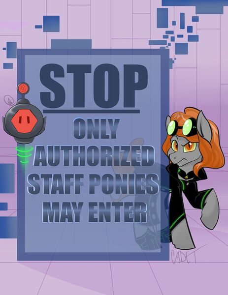 Size: 1280x1657 | Tagged: safe, artist:cadetredshirt, derpibooru import, oc, oc:baroness blaze, unofficial characters only, pony, robot, babscon, babscon 2019, babscon mascots, clothes, confused, frown, goggles, grid, jacket, looking at camera, looking at you, redhead, shoes, sign, solo, text