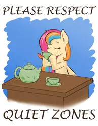 Size: 1280x1657 | Tagged: safe, artist:cadetredshirt, derpibooru import, oc, oc:golden gates, pegasus, pony, babscon, babscon mascots, cup, drinking, eyes closed, food, gradient background, simple background, sitting, solo, table, tea, teacup, teapot, text