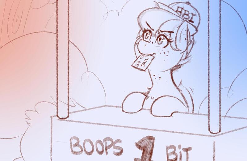 Size: 1300x850 | Tagged: safe, artist:banbanji, derpibooru import, oc, oc:apogee, unofficial characters only, pegasus, pony, apogees boop booth, boop booth, eye clipping through hair, fbi, freckles, hat, jailbait, kissing booth, lineart, monopoly, mouth hold, pegasus oc, solo, wings