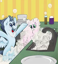 Size: 1280x1403 | Tagged: safe, artist:cadetredshirt, derpibooru import, oc, oc:silver span, pony, babscon, babscon 2019, bubble, dishes, kitchen, simple background, sink, smiling