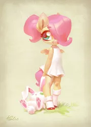 Size: 2067x2894 | Tagged: safe, artist:holivi, derpibooru import, angel bunny, fluttershy, anthro, pegasus, unguligrade anthro, clothes, cute, dress, female, filly fluttershy, hair over one eye, image, jpeg, looking away, plushie, shyabetes, smiling, socks, solo, younger