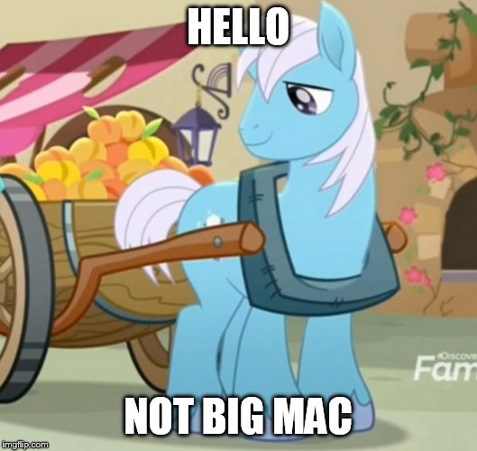 Size: 529x500 | Tagged: safe, derpibooru import, edit, edited screencap, screencap, cottonflock, earth pony, pony, rainbow roadtrip, background pony, caption, cart, cropped, discovery family logo, food, male, meme, not big macintosh, peach, recolor, solo, stallion, text, yoke