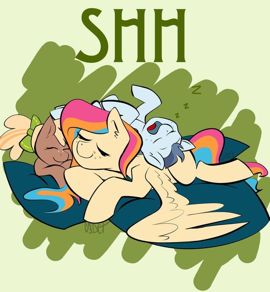 Size: 1280x1384 | Tagged: safe, artist:cadetredshirt, derpibooru import, oc, oc:copper chip, oc:golden gates, oc:silver span, pegasus, pony, unicorn, babscon, babscon 2019, bow, convention mascots, eyes closed, female, freckles, hair bow, long mane, long tail, male, mare, mascot, open mouth, pigtails, pillow, siblings, simple background, sleeping, sleepy, smiling, snoring, stallion, text, two toned mane, wings