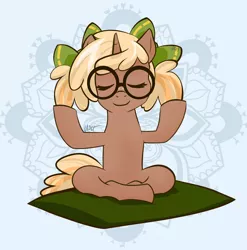 Size: 2550x2586 | Tagged: safe, artist:cadetredshirt, derpibooru import, oc, oc:copper chip, unofficial characters only, pony, unicorn, bow, crossed legs, eyes closed, freckles, glasses, hair bow, hooves up, lotus position, meditating, pigtails, pillow, simple background, smiling, solo, two toned mane, two toned tail