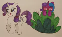 Size: 2905x1721 | Tagged: safe, artist:iffoundreturntorarity, derpibooru import, rarity, oc, oc:scribble script, pony, atg 2019, bush, canon x oc, newbie artist training grounds, spying, traditional art, wingding eyes