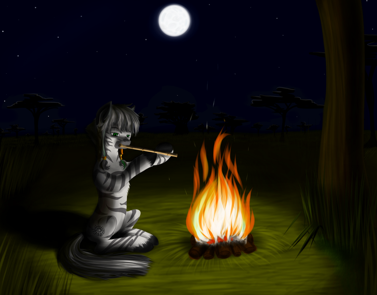 Size: 900x704 | Tagged: artist:kira-minami, campfire, chest fluff, derpibooru import, flute, hoof hold, male, moon, musical instrument, night, oc, safe, sitting, solo, unofficial characters only, unshorn fetlocks, zebra, zebra oc