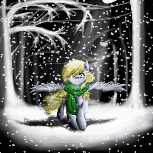 Size: 1000x1000 | Tagged: safe, artist:kira-minami, derpibooru import, derpy hooves, pegasus, pony, clothes, female, forest, mare, scarf, smiling, snow, snowfall, solo, spread wings, tree, wings