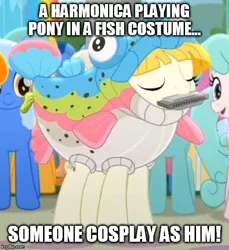 Size: 500x547 | Tagged: safe, derpibooru import, edit, edited screencap, screencap, kersplash, rainbow trout (character), unnamed character, unnamed pony, earth pony, pony, rainbow roadtrip, animal costume, background pony, bronybait, caption, clothes, cosplay, costume, cropped, eyes closed, female, fish costume, harmonica, image macro, impact font, male, mare, maybe salmon, meme, musical instrument, playing instrument, solo focus, stallion, text