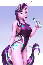 Size: 3800x5700 | Tagged: safe, artist:mykegreywolf, derpibooru import, starlight glimmer, anthro, unicorn, absurd resolution, breasts, busty starlight glimmer, clothes, female, high-cut clothing, horn, lidded eyes, long horn, looking at you, mare, one-piece swimsuit, open mouth, open-back swimsuit, sexy, signature, solo, sports swimsuit, stupid sexy starlight glimmer, swimsuit, water bottle