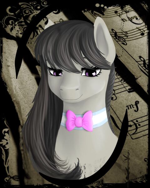 Size: 900x1125 | Tagged: safe, artist:kira-minami, derpibooru import, octavia melody, earth pony, pony, bowtie, bust, female, looking at you, mare, portrait, sheet music, smiling, solo