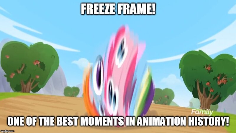 Size: 888x499 | Tagged: caption, derpibooru import, edit, edited screencap, great moments in animation, image macro, meme, pinkie pie, rainbow dash, rainbow roadtrip, rolling, safe, screencap, smear frame, spin dash, text