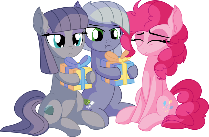 Size: 9180x5990 | Tagged: safe, artist:cyanlightning, derpibooru import, limestone pie, maud pie, pinkie pie, earth pony, pony, .svg available, absurd resolution, ear fluff, eyes closed, female, holding, holding a present, lidded eyes, mare, pie family, present, siblings, simple background, sisters, standing, transparent background, trio, unamused, vector