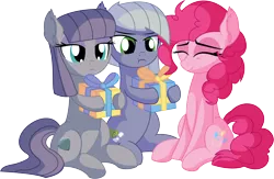 Size: 9180x5990 | Tagged: safe, artist:cyanlightning, derpibooru import, limestone pie, maud pie, pinkie pie, earth pony, pony, .svg available, absurd resolution, ear fluff, eyes closed, female, holding, holding a present, lidded eyes, mare, pie family, present, siblings, simple background, sisters, standing, transparent background, trio, unamused, vector