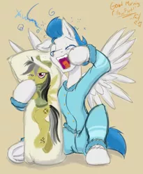 Size: 1600x1952 | Tagged: safe, artist:frist44, derpibooru import, daring do, oc, oc:dreamy daze, pegasus, pony, autograph, body pillow, clothes, daring daki, hooves, male, pajamas, solo, tired, yawn