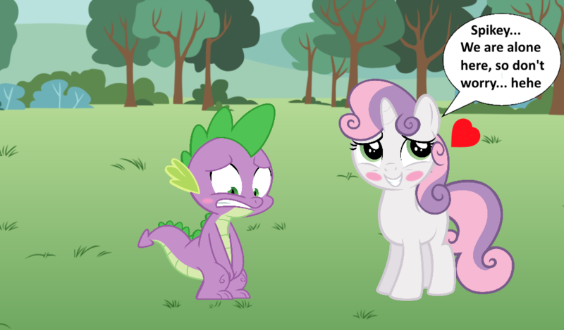 Size: 1024x600 | Tagged: artist needed, safe, derpibooru import, spike, sweetie belle, dragon, pony, unicorn, awkward, blushing, covering crotch, cute, embarrassed, female, filly, heart, implied erection, male, nudity, shipping, smiling, speech bubble, spikebelle, straight, tree, we don't normally wear clothes