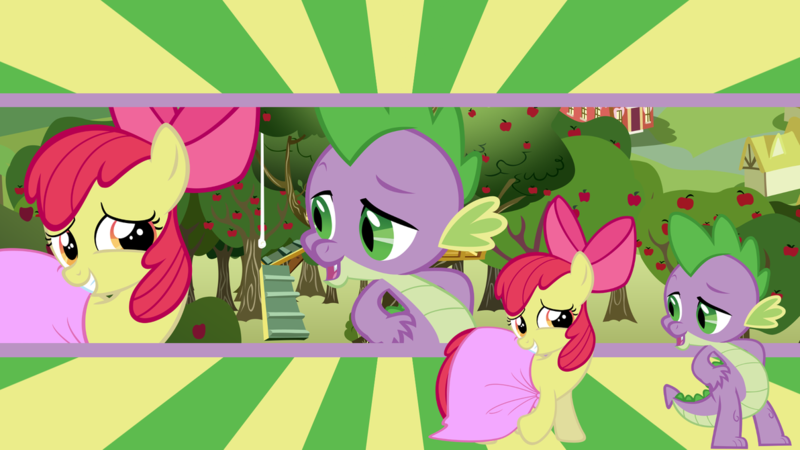 Size: 1192x670 | Tagged: safe, artist:neodarkwing, derpibooru import, apple bloom, spike, dragon, earth pony, pony, apple, apple tree, clothes, clubhouse, crusaders clubhouse, cute, dress, female, looking at each other, male, open mouth, shipping, smiling, spikebloom, straight, sunburst background, sweet apple acres, tree