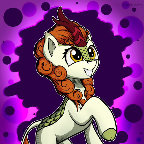 Size: 3100x3100 | Tagged: abstract background, artist:adagiostring, autumn blaze, awwtumn blaze, commission, cute, derpibooru import, grin, kirin, raised hoof, safe, smiling, solo