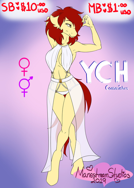 Size: 2500x3500 | Tagged: suggestive, artist:manestreamstudios, derpibooru import, alicorn, anthro, earth pony, pegasus, unicorn, any race, armpits, auction, breasts, clothes, commission, dancing, dress, female, futa, herm, hooves, intersex, lingerie, my little pony, simple background, solo, your character here