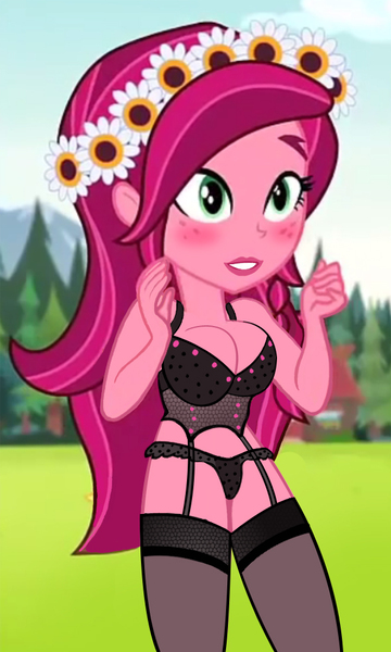 Size: 590x982 | Tagged: suggestive, derpibooru import, edit, edited screencap, screencap, gloriosa daisy, equestria girls, legend of everfree, bra, breast edit, breasts, busty gloriosa daisy, clothes, lingerie, lingerie edit, panties, socks, stockings, thigh highs, underwear