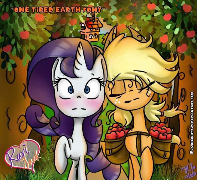 Size: 1000x915 | Tagged: safe, artist:flashlighttwi, derpibooru import, applejack, rarity, earth pony, pony, unicorn, apple, blushing, cute, daaaaaaaaaaaw, female, food, jackabetes, lesbian, mare, messy mane, raribetes, rarijack, shipping, tired, walking