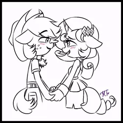 Size: 800x800 | Tagged: safe, artist:flashlighttwi, derpibooru import, applejack, rarity, anthro, cute, daaaaaaaaaaaw, female, jackabetes, lesbian, monochrome, raribetes, rarijack, shipping