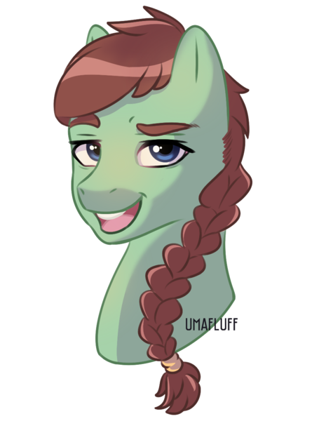 Size: 916x1182 | Tagged: safe, artist:umafluff, derpibooru import, oc, oc:swift stride, unofficial characters only, pony, braided ponytail, bust, looking at you, male, signature, simple background, solo