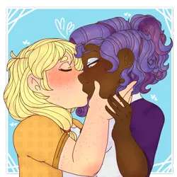 Size: 1080x1080 | Tagged: safe, artist:jesterfestivle, derpibooru import, applejack, rarity, human, alternate hairstyle, blushing, chocolarity, chubby, cute, dark skin, eyes closed, eyeshadow, female, freckles, french kiss, humanized, jackabetes, kissing, lesbian, makeup, raribetes, rarijack, shipping