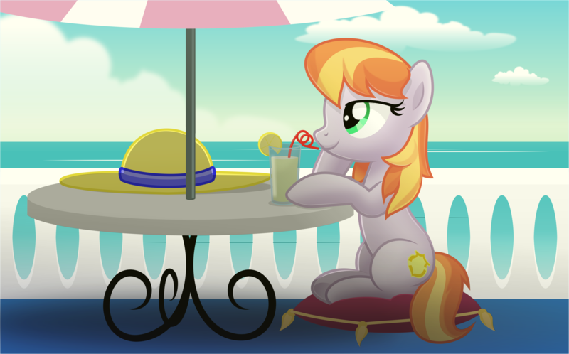 Size: 5589x3476 | Tagged: safe, artist:jhayarr23, derpibooru import, copper top, earth pony, pony, alternate hairstyle, cloud, commission, drink, female, food, hat, lemon, mare, ocean, pillow, smiling, solo, straw, table, umbrella