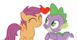 Size: 677x354 | Tagged: safe, artist:cassidycreations, artist:cloudyglow, derpibooru import, edit, editor:undeadponysoldier, scootaloo, spike, dragon, pegasus, pony, adorable face, cute, daaaaaaaaaaaw, female, filly, heart, male, scootaspike, shipping, simple background, straight, white background