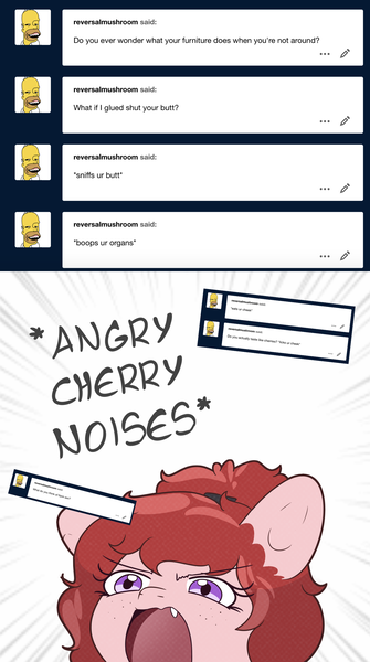 Size: 1280x2290 | Tagged: questionable, artist:redroundfruit, derpibooru import, oc, oc:cherry, pony, angry dog noises, angry horse noises, comic, comments, cute, descriptive noise, female, funny, horse noises, mare, reversalmushroom, tumblr, tumblr blog, tumblr comic, webcomic