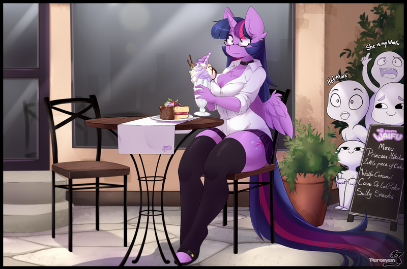 Size: 4146x2748 | Tagged: safe, artist:teranen, derpibooru import, twilight sparkle, twilight sparkle (alicorn), alicorn, anthro, human, unguligrade anthro, :i, big breasts, breasts, busty twilight sparkle, cake, chair, chest fluff, choker, cleavage, cleavage fluff, clothes, cup, cute, dessert, dialogue, female, food, glasses, mare, milkshake, miniskirt, moe, open mouth, outdoors, plant, pleated skirt, potted plant, shirt, sitting, skirt, smiling, socks, stockings, straw, table, thigh highs, thighs, tongue out, voyeur, voyeurism, zettai ryouiki