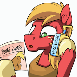 Size: 560x560 | Tagged: suggestive, artist:mysticalpha, derpibooru import, big macintosh, earth pony, pony, :o, advertisement, animated, anus, bottle, butt, freckles, hoof hold, hoof lotion, implied anus, implied gay, implied labia, lotion, magazine, male, open mouth, plot, ponut, reading, simple background, solo, solo male, white background