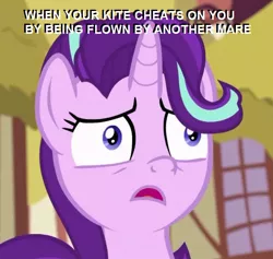 Size: 623x591 | Tagged: safe, derpibooru import, edit, screencap, starlight glimmer, pony, unicorn, student counsel, cropped, faic, female, great moments in animation, kite, mare, reaction image, text, that pony sure does love kites, this will end in equalization, this will end in gulag