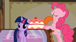 Size: 1280x720 | Tagged: safe, artist:tummygut, derpibooru import, edit, edited screencap, screencap, sound edit, pinkie pie, twilight sparkle, earth pony, pony, unicorn, swarm of the century, adorafatty, animated, belly, cake, cute, diapinkes, duo, eating, fat, fat edit, food, pudgy pie, sound, stomach noise, stuffed, stuffing, swallowing, unicorn twilight, webm, weight gain